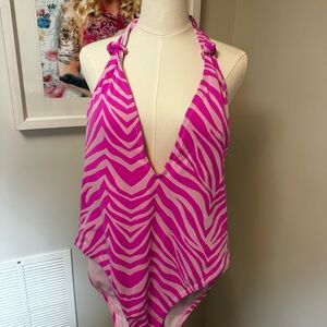 Jessica Simpson Pink Zebra Halter One-Piece Swimsuit